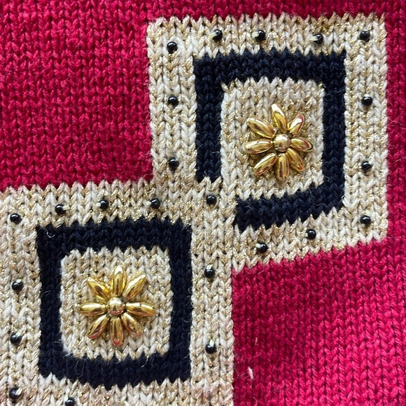 Vintage Red Knit Cardigan Geometric Squares Gold Button Front Retro Sweater M - Picture 10 of 10